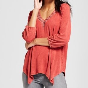 {Knox Rose} Red Rust Embellished Bohemian V-Neck